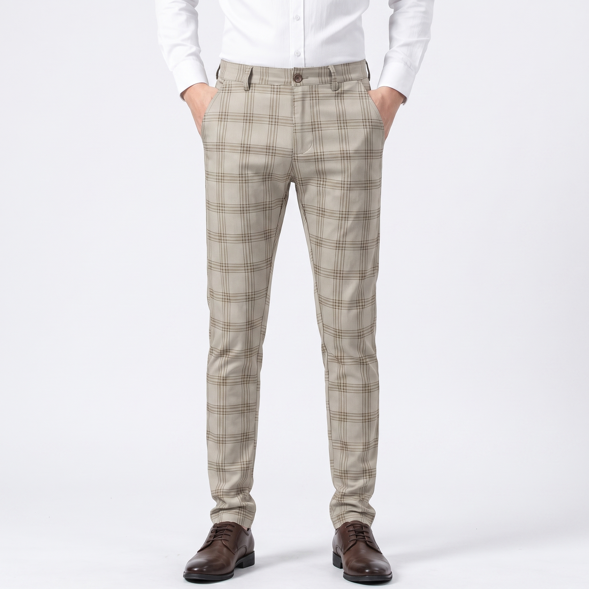 Men's Slim-Fit Plaid Dress Windowpane Check Flat Front Suit Autumn Pants