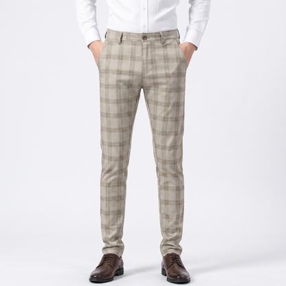 Men's Slim-Fit Plaid Dress Windowpane Check Flat Front Suit Autumn Pants