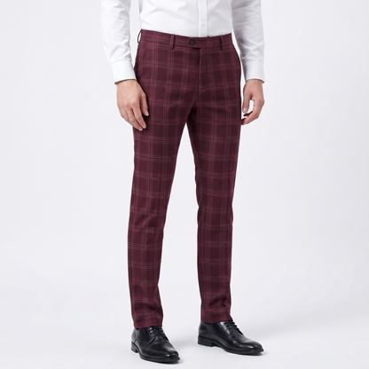 Men's Slim-Fit Plaid Dress Windowpane Check Flat Front Suit Autumn Pants