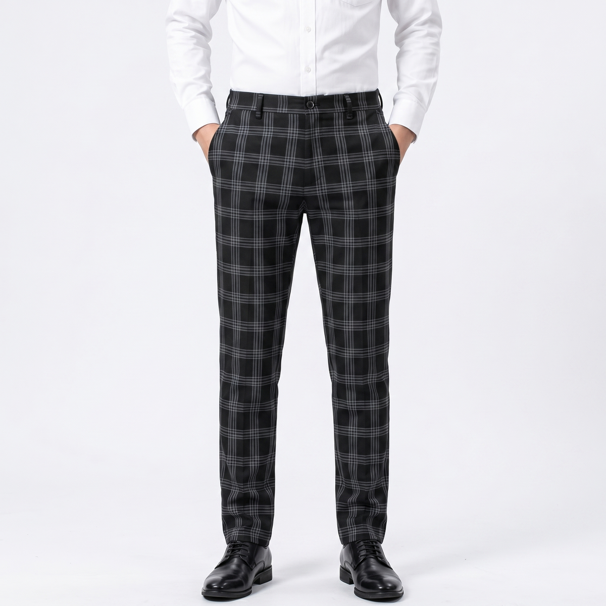 Men's Slim-Fit Plaid Dress Windowpane Check Flat Front Suit Autumn Pants
