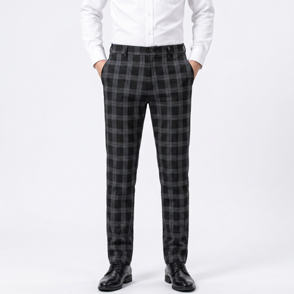 Men's Slim-Fit Plaid Dress Windowpane Check Flat Front Suit Autumn Pants