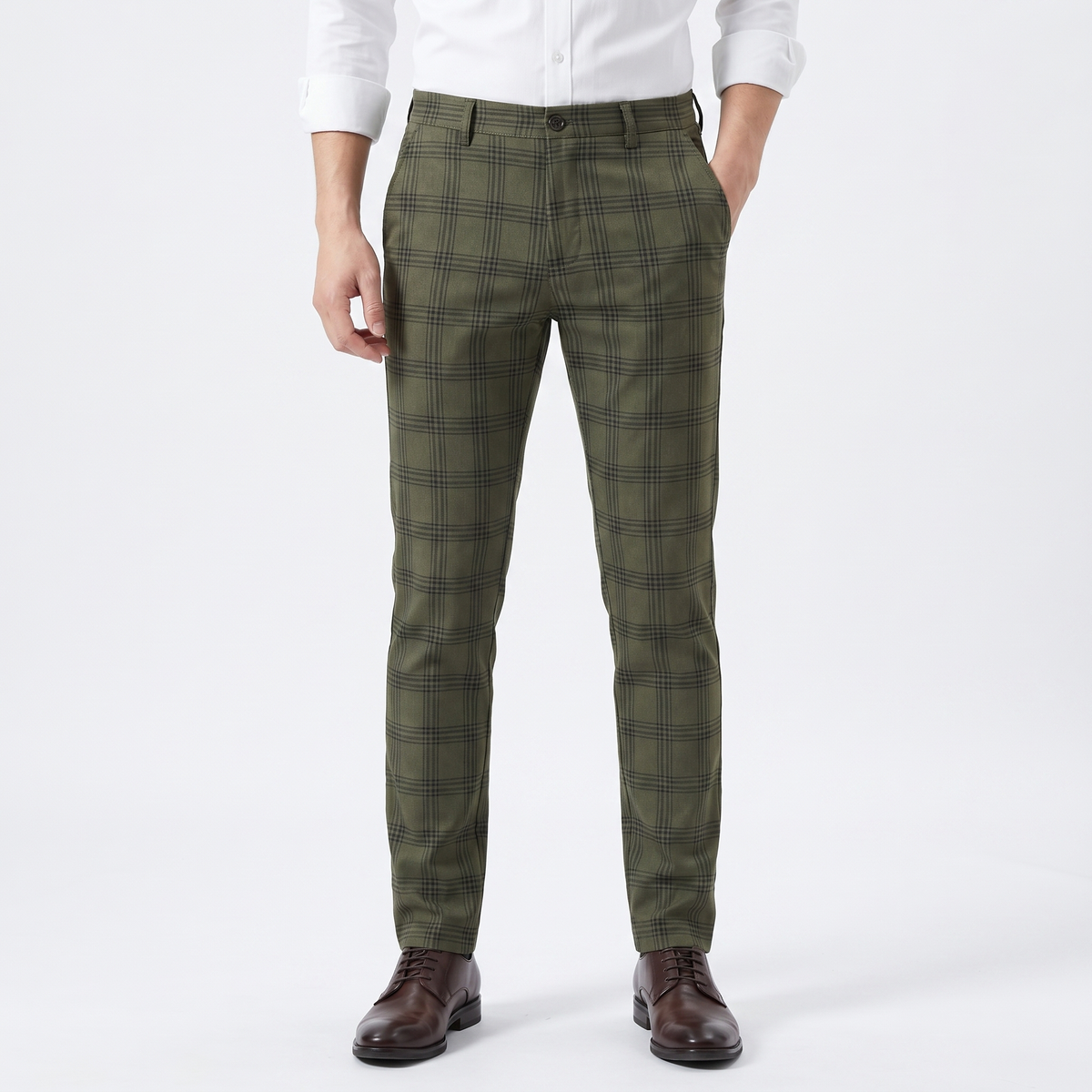 Men's Slim-Fit Plaid Dress Windowpane Check Flat Front Suit Autumn Pants