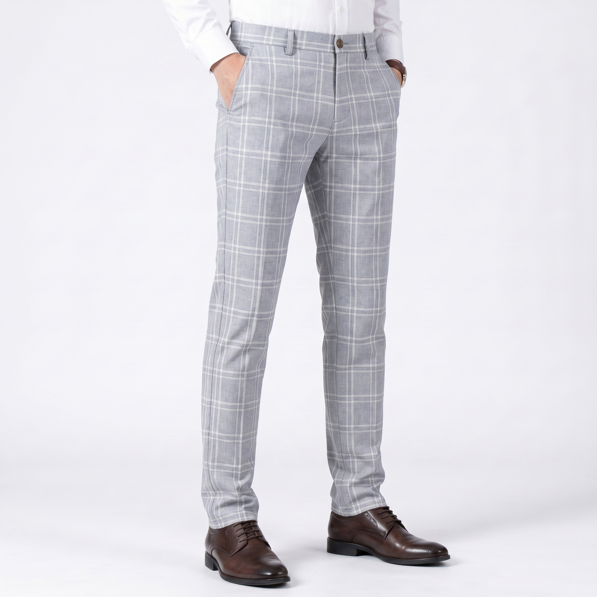 Men's Slim-Fit Plaid Dress Windowpane Check Flat Front Suit Autumn Pants