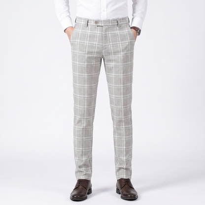 Men's Slim-Fit Plaid Dress Windowpane Check Flat Front Suit Autumn Pants