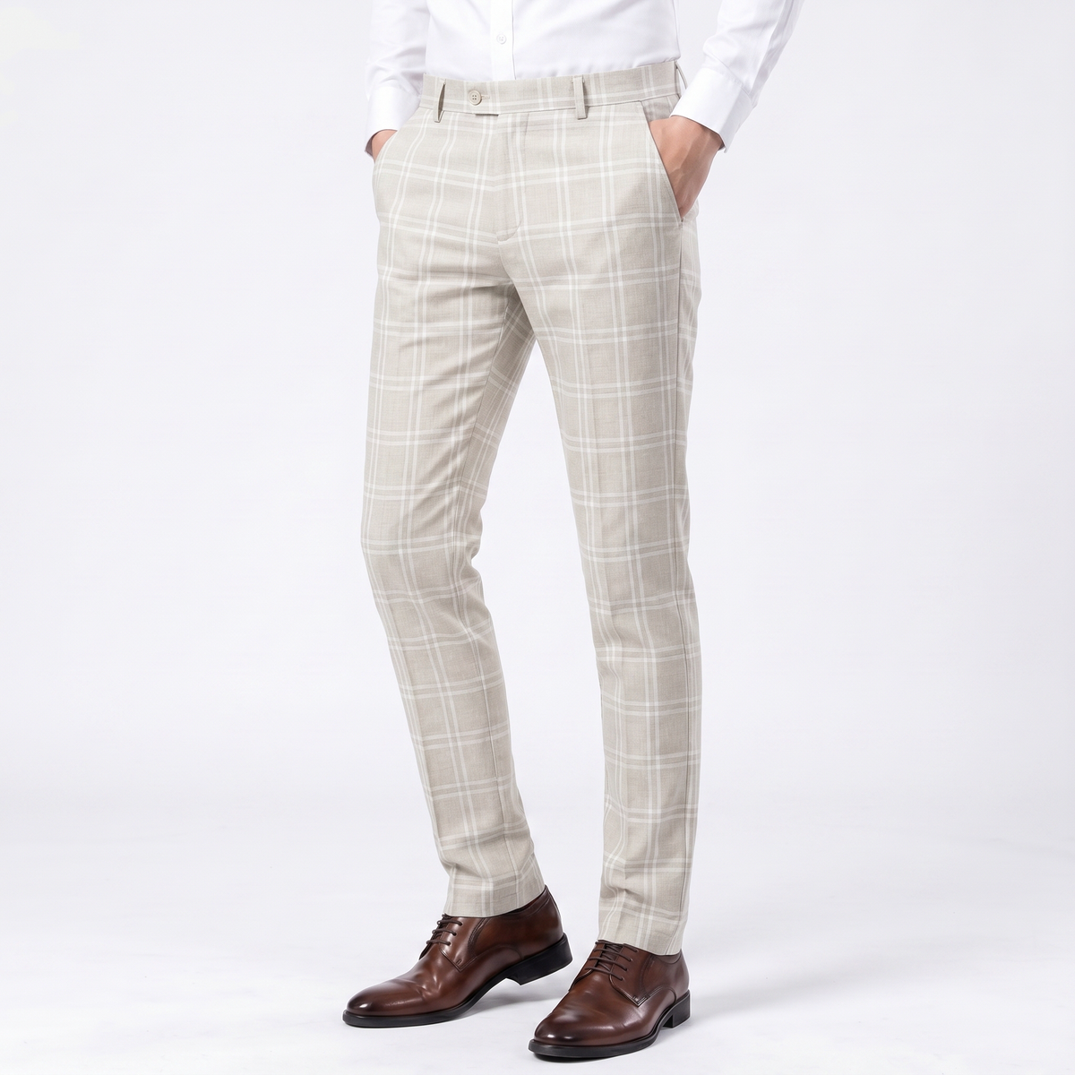 Men's Slim-Fit Plaid Dress Windowpane Check Flat Front Suit Autumn Pants