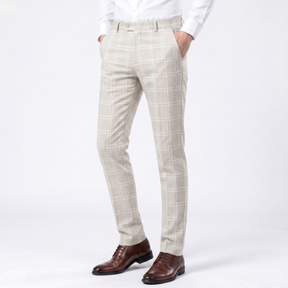 Men's Slim-Fit Plaid Dress Windowpane Check Flat Front Suit Autumn Pants