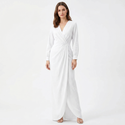 Women's Wrap Maxi Dress Deep V-Neck Ruched Waist Long Sleeve Elegant Formal Dress