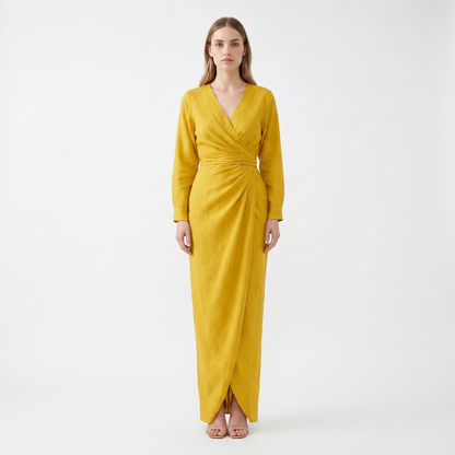 Women's Wrap Maxi Dress Deep V-Neck Ruched Waist Long Sleeve Elegant Formal Dress