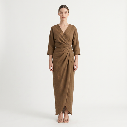 Women's Wrap Maxi Dress Deep V-Neck Ruched Waist Long Sleeve Elegant Formal Dress