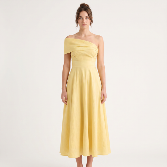 Women's Off Shoulder Midi Dress Fit and Flare Pleated Skirt Elegant Wedding Guest Dress