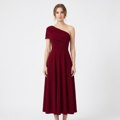 Women's Off Shoulder Midi Dress Fit and Flare Pleated Skirt Elegant Wedding Guest Dress