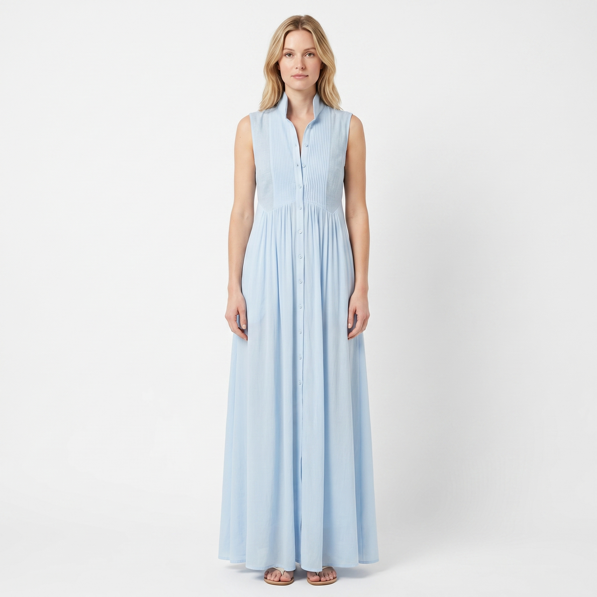Women's Sleeveless Maxi Dress Stand Collar Button Front A-Line Summer Dress