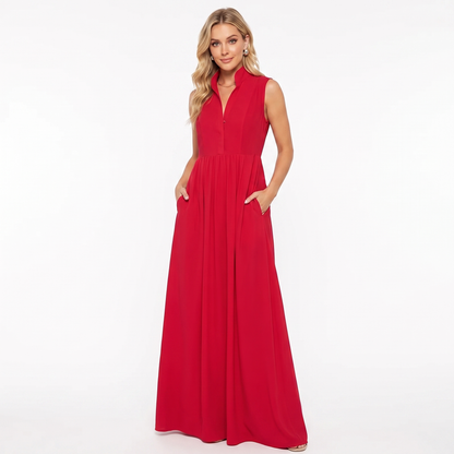 Women's Sleeveless Maxi Dress Stand Collar Button Front A-Line Summer Dress
