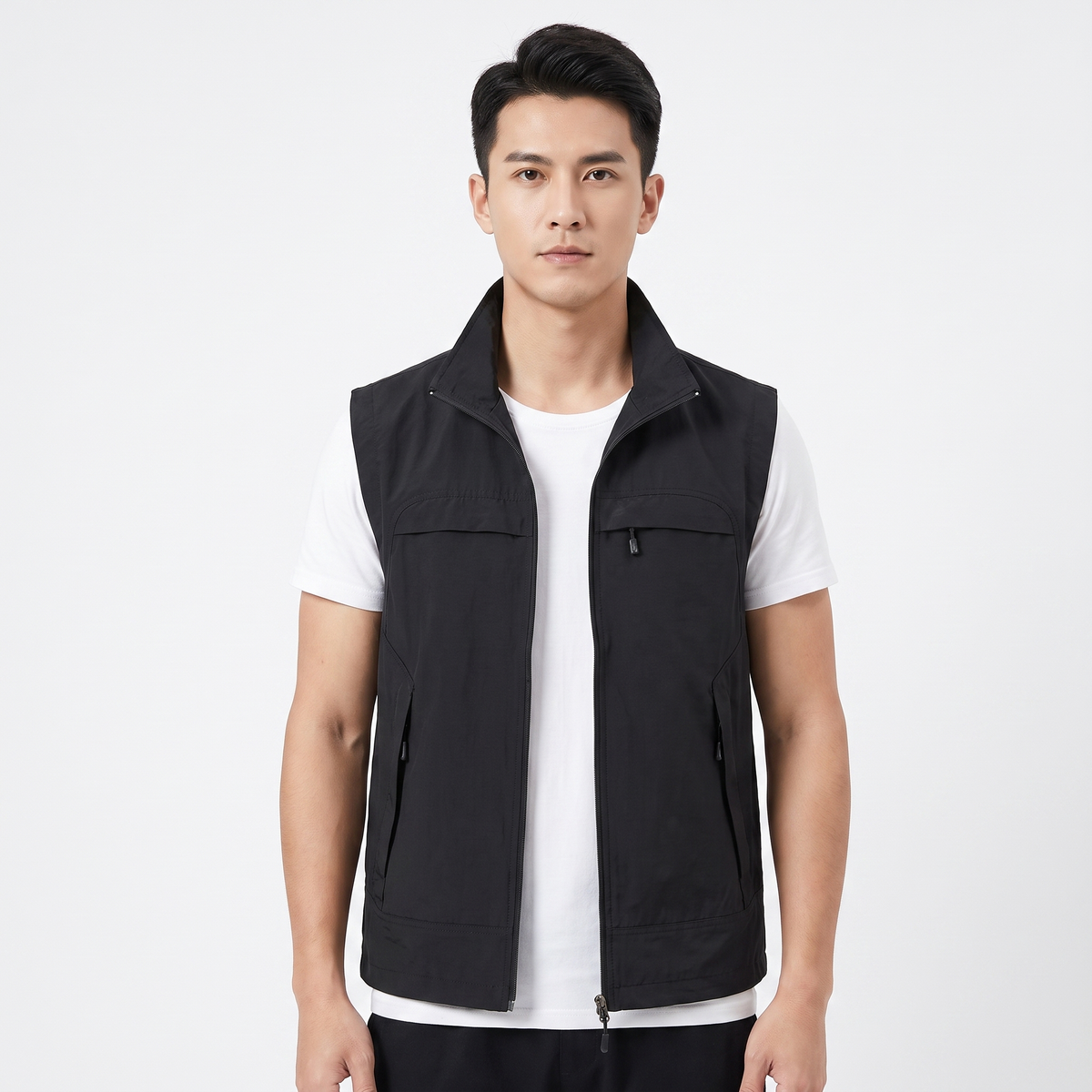 Men's Multi-Pocket Zip-Up Vest Sleeveless Stand Collar Utility Gilet
