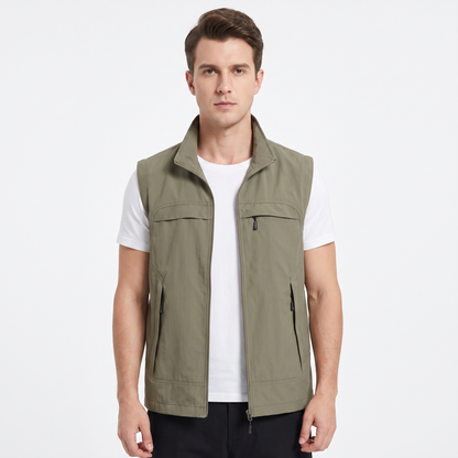 Men's Multi-Pocket Zip-Up Vest Sleeveless Stand Collar Utility Gilet