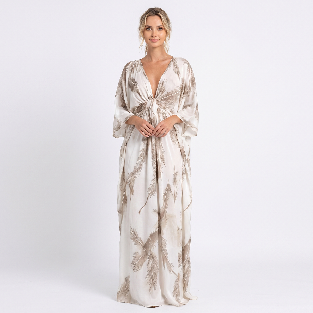 Women's Feather Print Kaftan Maxi Dress Deep V-Neck Tie Front Boho