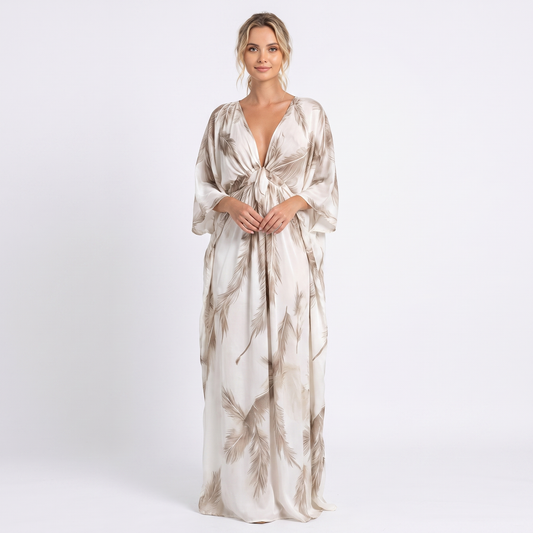 Women's Feather Print Kaftan Maxi Dress Deep V-Neck Tie Front Boho