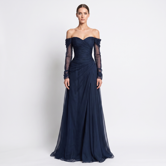 Women's Off-Shoulder Tulle Ball Gown Maxi Dress Ruched Formal Evening