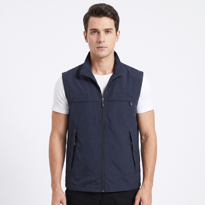 Men's Multi-Pocket Zip-Up Vest Sleeveless Stand Collar Utility Gilet