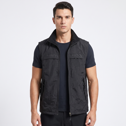Men's Multi-Pocket Zip-Up Vest Sleeveless Stand Collar Utility Gilet