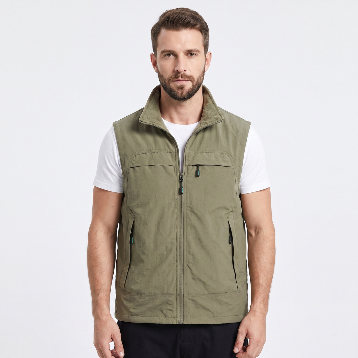 Men's Multi-Pocket Zip-Up Vest Sleeveless Stand Collar Utility Gilet