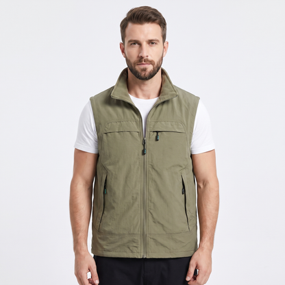 Men's Multi-Pocket Zip-Up Vest Sleeveless Stand Collar Utility Gilet