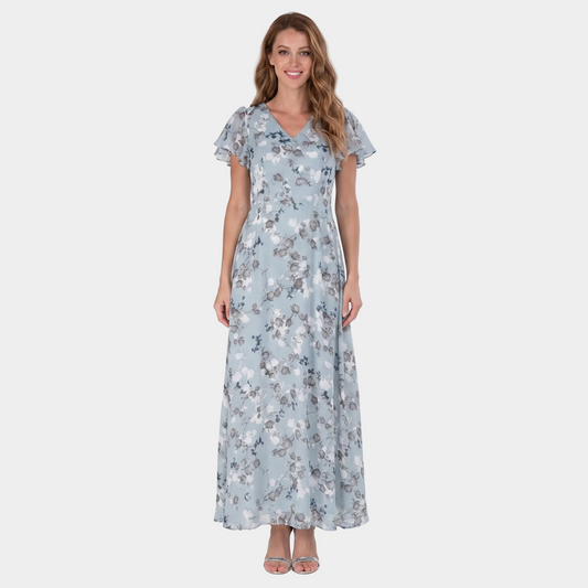 Women's Floral Chiffon Maxi Dress Flutter Sleeve V-Neck Wedding Guest