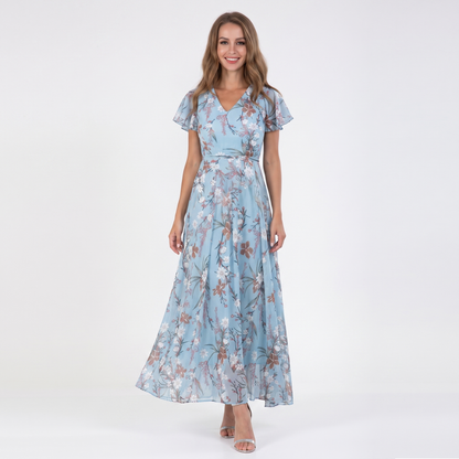 Women's Floral Chiffon Maxi Dress Flutter Sleeve V-Neck Wedding Guest