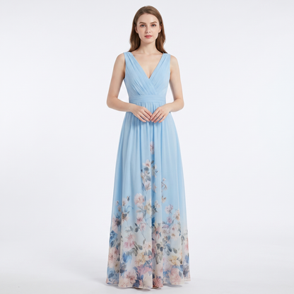 Women's Floral Border Print Maxi Dress Deep V-Neck Sleeveless Formal Gown