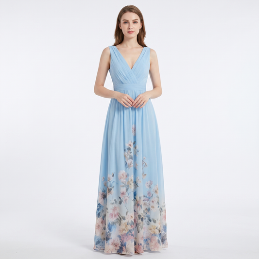 Women's Floral Border Print Maxi Dress Deep V-Neck Sleeveless Formal Gown