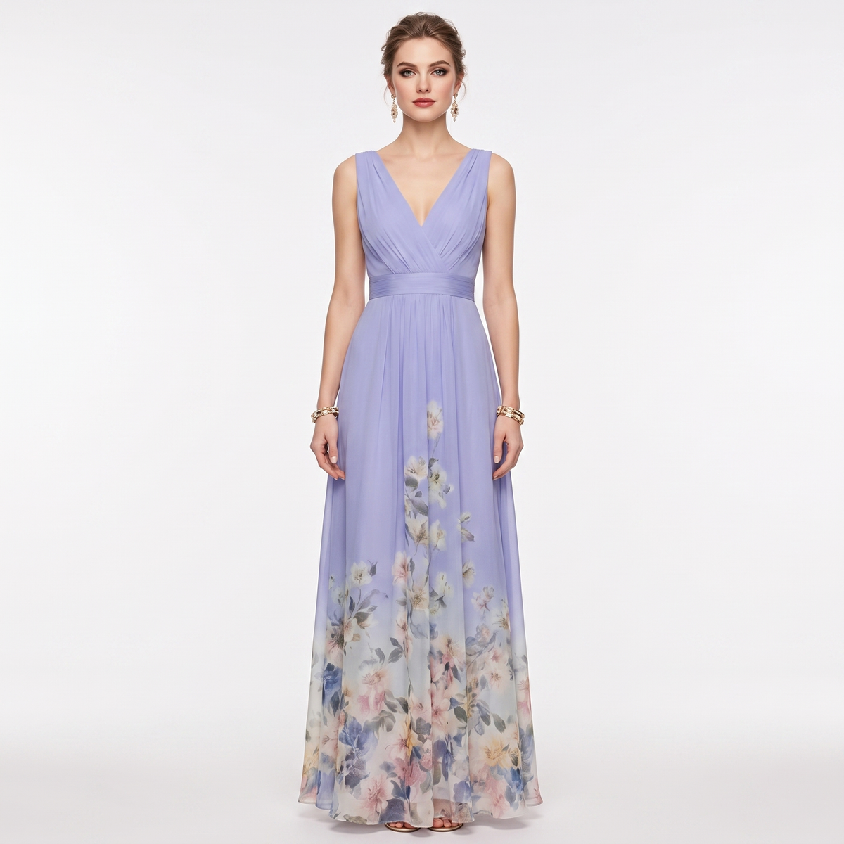 Women's Floral Border Print Maxi Dress Deep V-Neck Sleeveless Formal Gown
