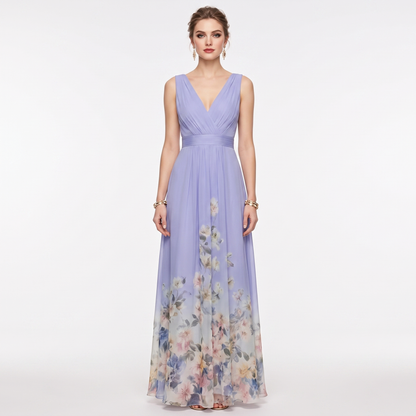 Women's Floral Border Print Maxi Dress Deep V-Neck Sleeveless Formal Gown
