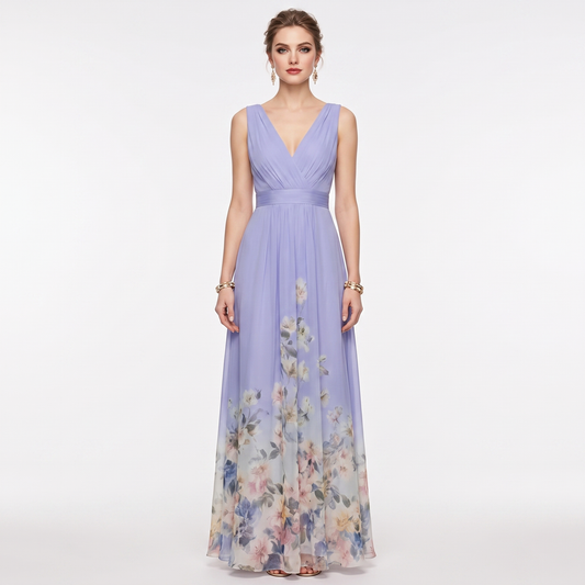 Maxivestido de gasa con estampado floral en el borde, escote en V pronunciado, sin mangas y formal, para mujer