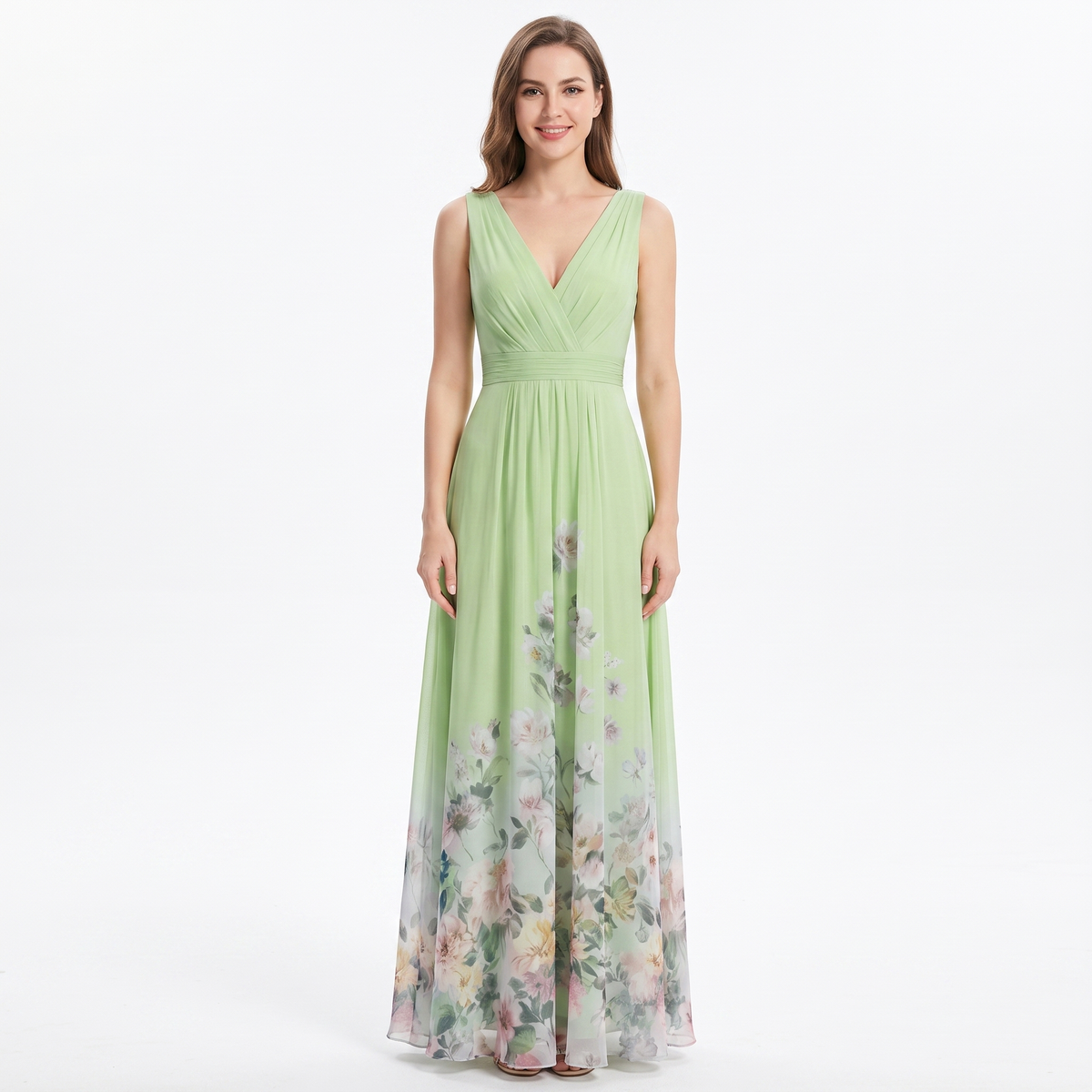 Women's Floral Border Print Maxi Dress Deep V-Neck Sleeveless Formal Gown
