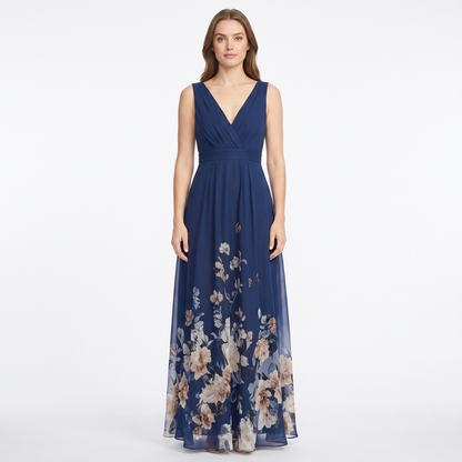 Women's Floral Border Print Maxi Dress Deep V-Neck Sleeveless Formal Gown