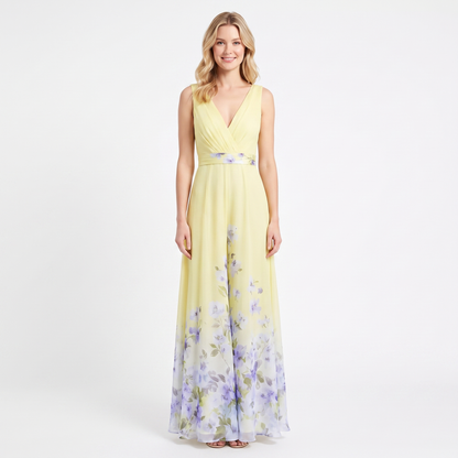 Women's Floral Border Print Maxi Dress Deep V-Neck Sleeveless Formal Gown