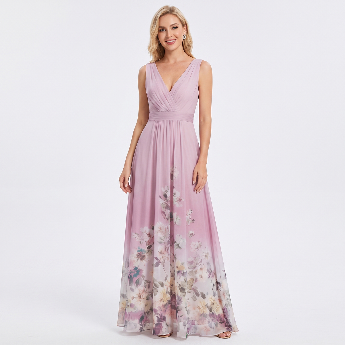 Women's Floral Border Print Maxi Dress Deep V-Neck Sleeveless Formal Gown