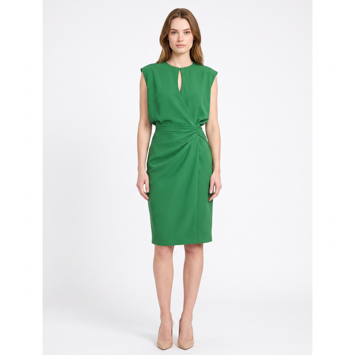 Women's Ruched Waist Midi Dress Sleeveless Keyhole Neck Wrap Skirt Formal