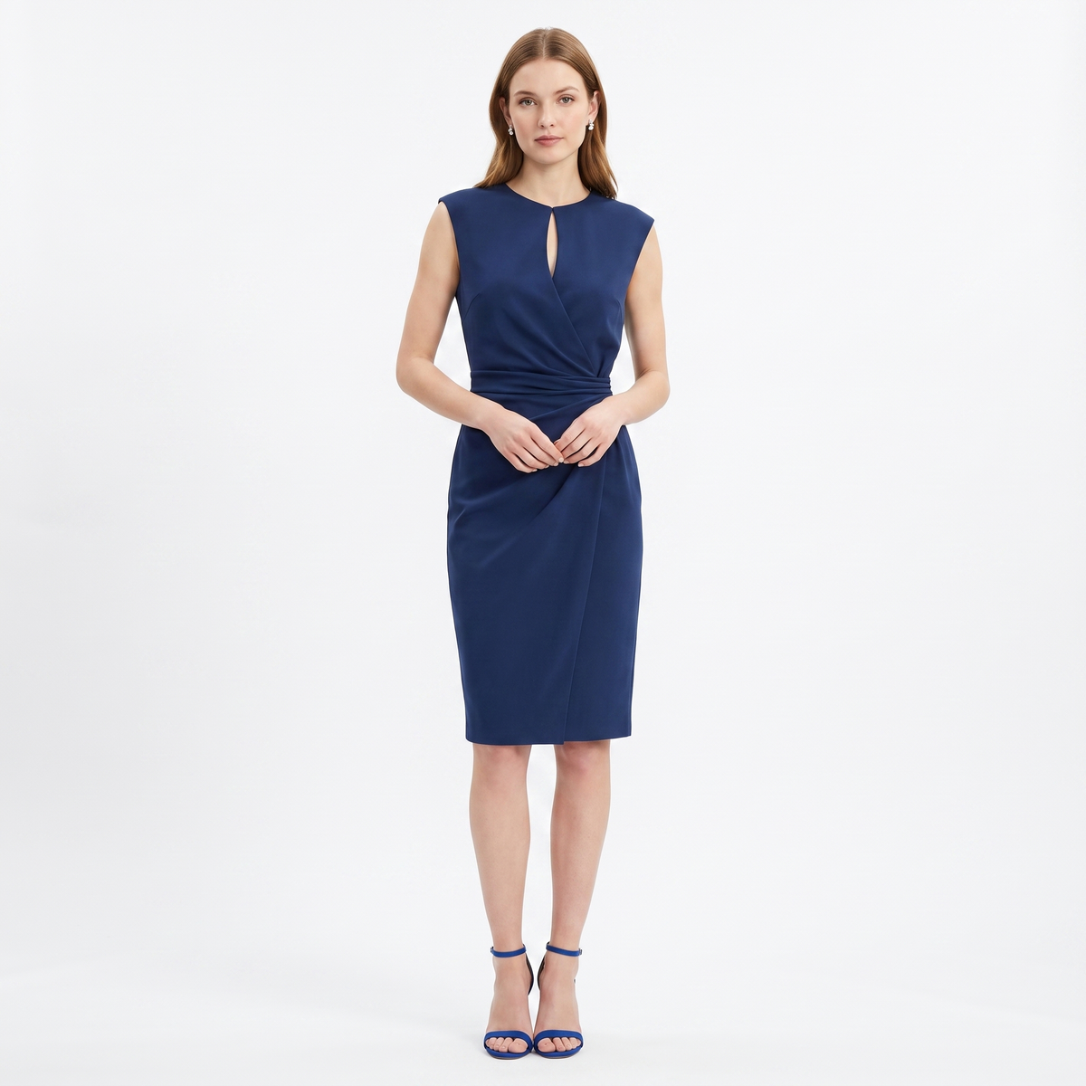 Women's Ruched Waist Midi Dress Sleeveless Keyhole Neck Wrap Skirt Formal