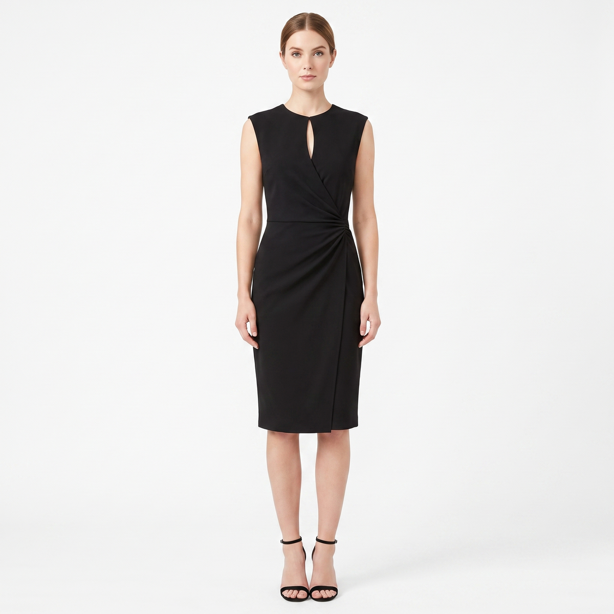 Women's Ruched Waist Midi Dress Sleeveless Keyhole Neck Wrap Skirt Formal
