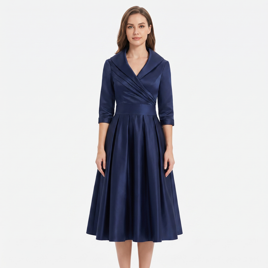 Vestido midi cruzado de manga 3/4, cuello en V, corte evasé, formal, para cóctel y fiestas, para mujer