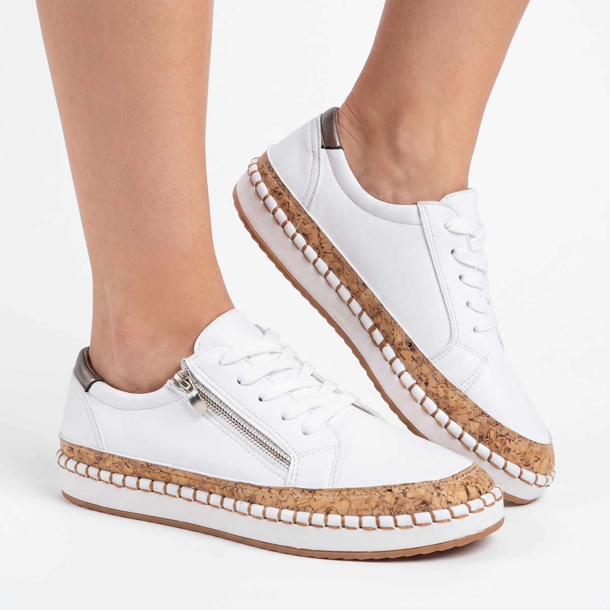 Women's Platform Cork Sole Lace-Up Side Zip Autumn Sneakers