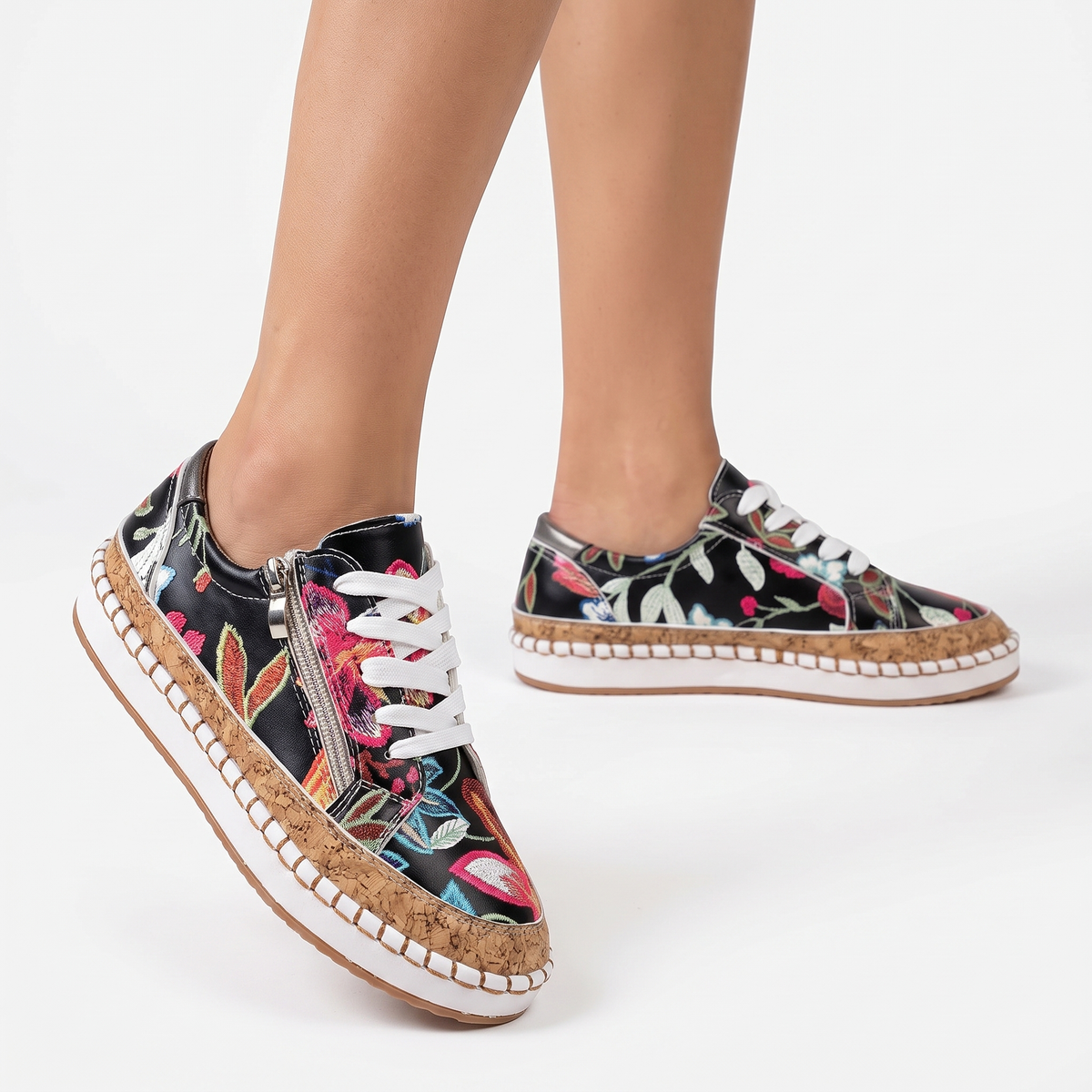 Women's Platform Cork Sole Lace-Up Side Zip Autumn Sneakers