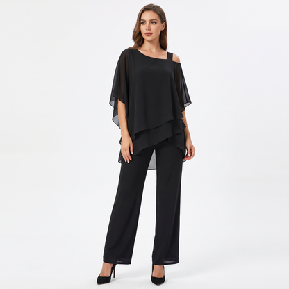 Women's Two Piece Trouser Set Chiffon Cape Top Wide Leg Formal