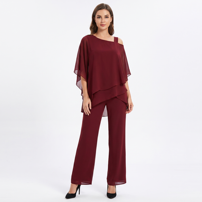 Women's Two Piece Trouser Set Chiffon Cape Top Wide Leg Formal