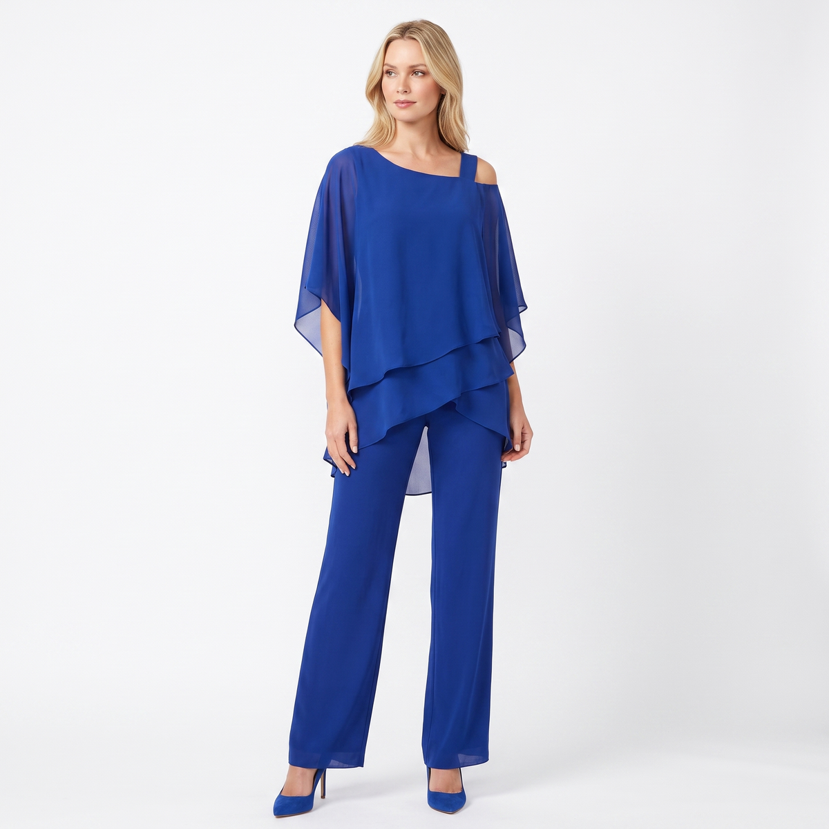 Women's Two Piece Trouser Set Chiffon Cape Top Wide Leg Formal