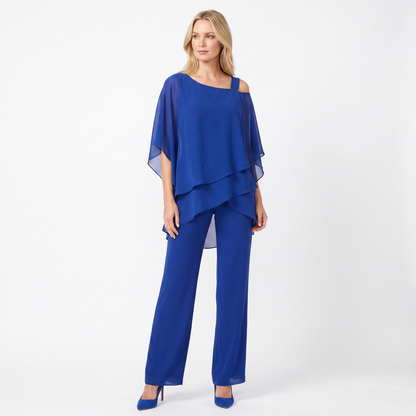 Women's Two Piece Trouser Set Chiffon Cape Top Wide Leg Formal