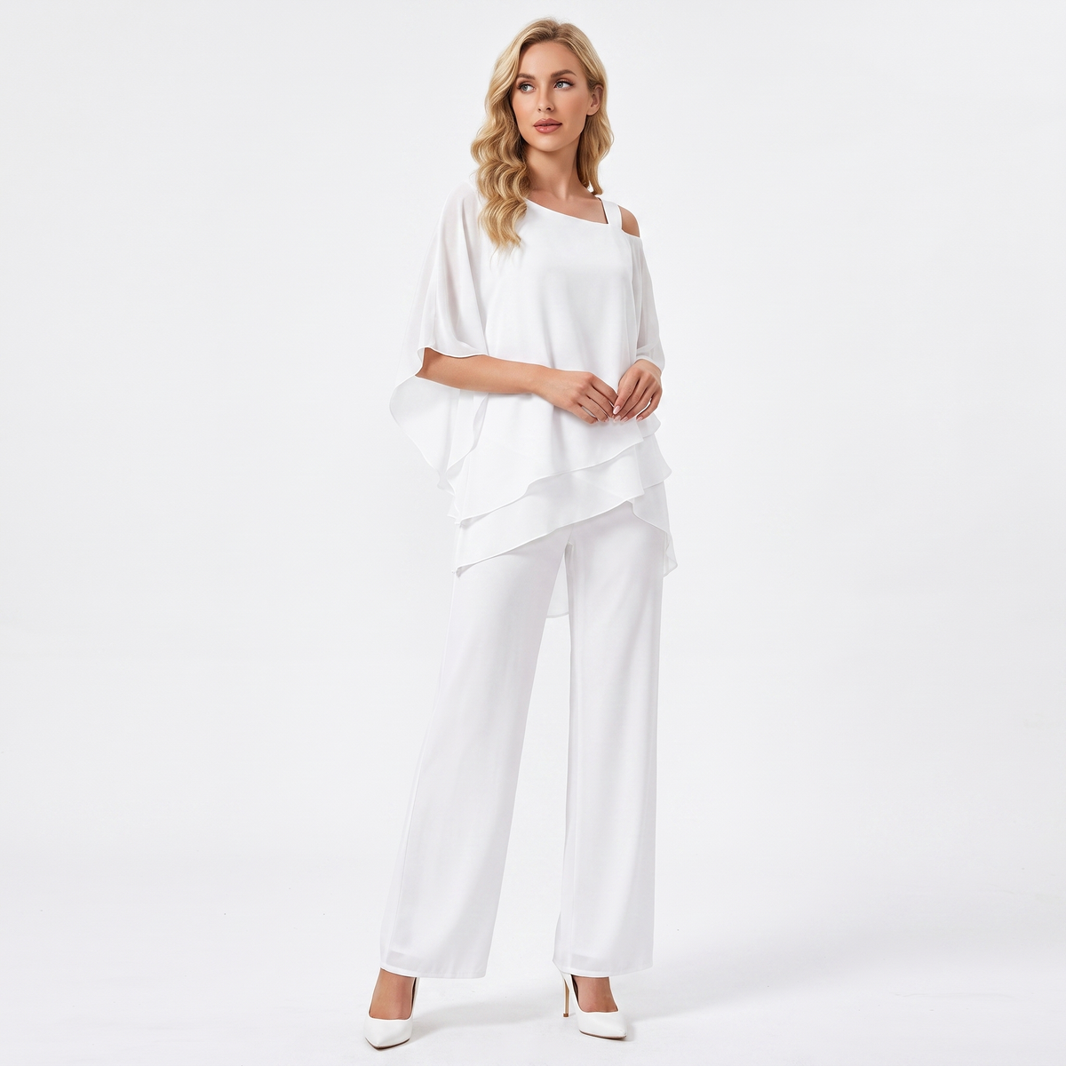 Women's Two Piece Trouser Set Chiffon Cape Top Wide Leg Formal