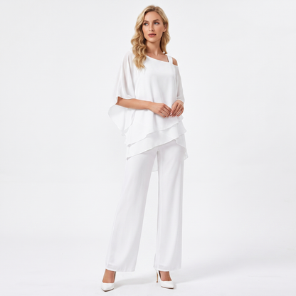 Women's Two Piece Trouser Set Chiffon Cape Top Wide Leg Formal