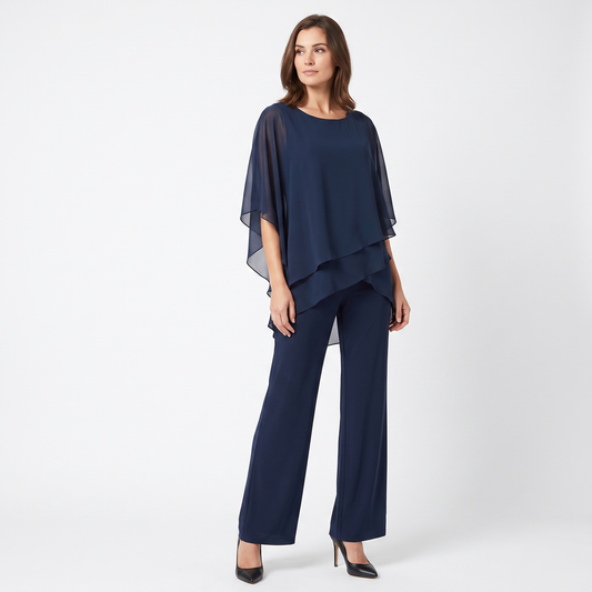 Women's Two Piece Trouser Set Chiffon Cape Top Wide Leg Formal
